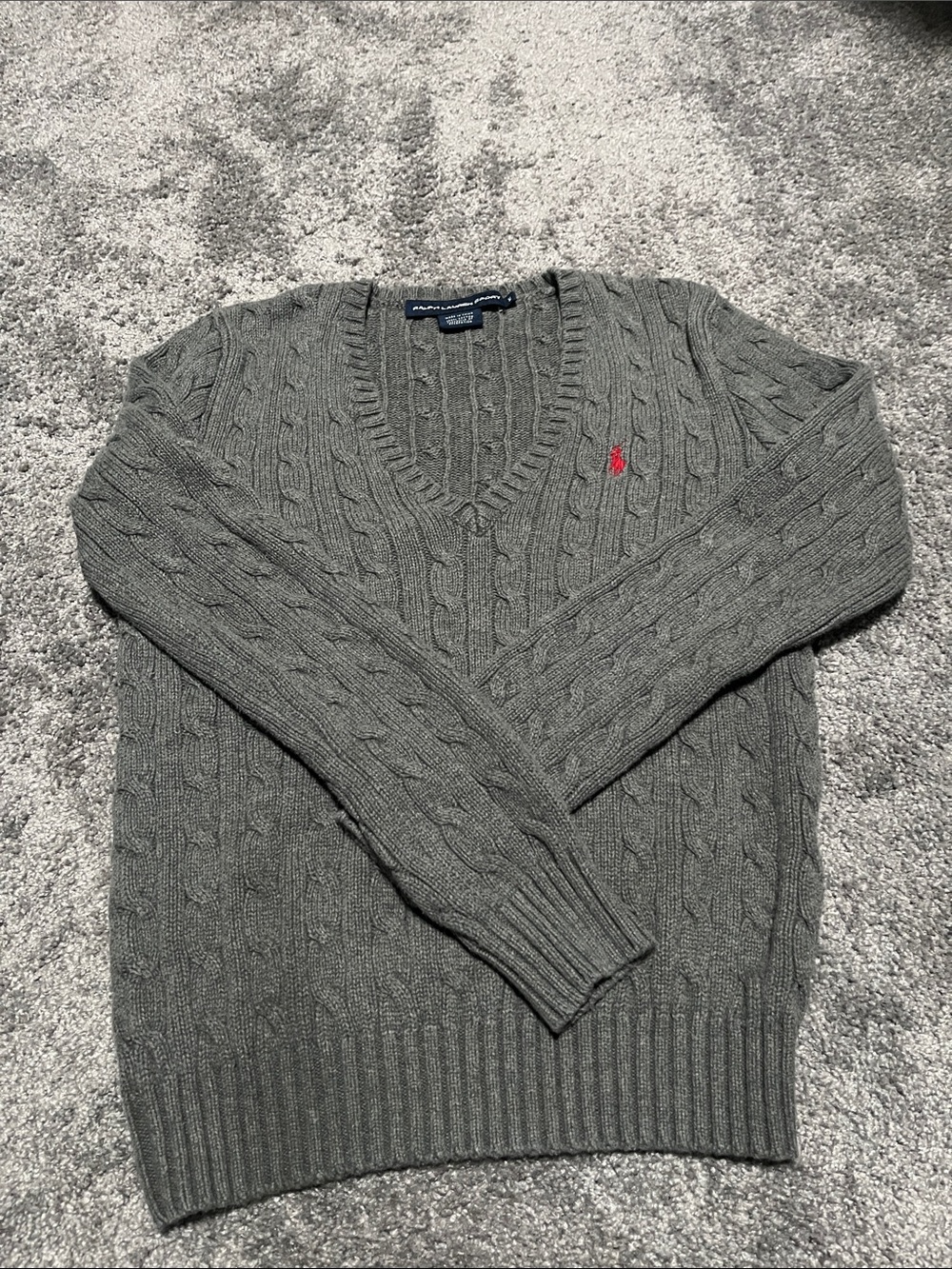 Ralph Lauren women’s grey v neck with red pony.